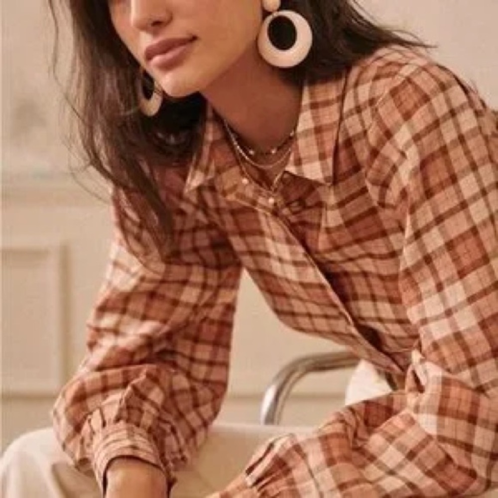 SEZANE Bonny Shirt in Pink Beige Plaid Organic Linen NWT